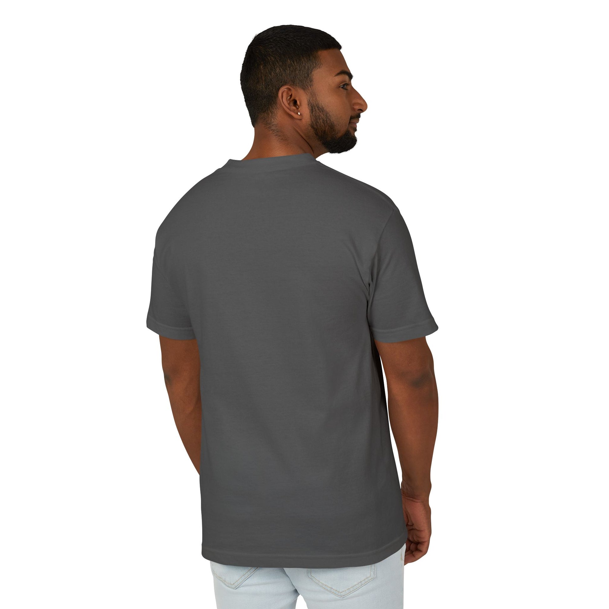 The back view of a man standing in a Faded Black unisex vintage T-shirt.