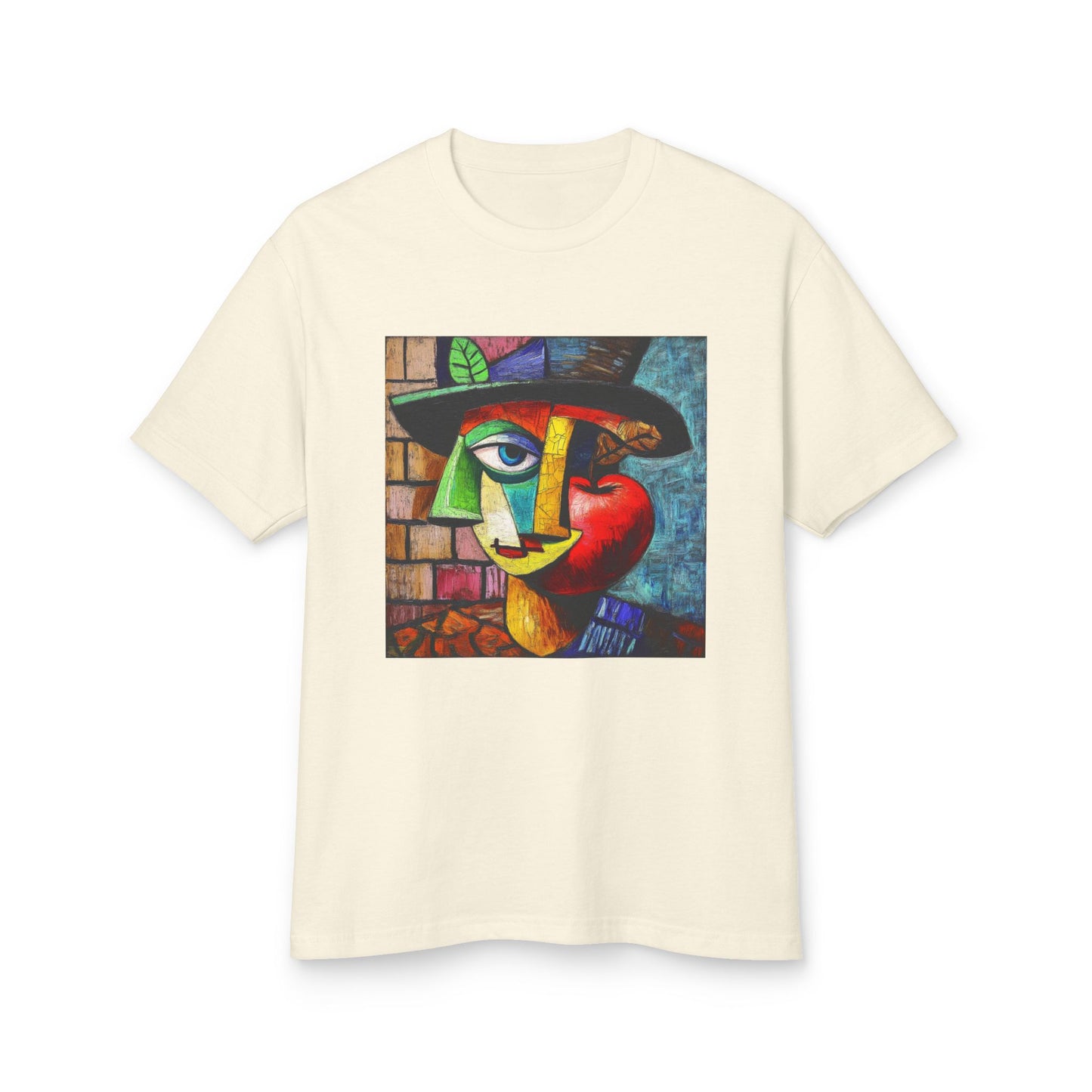 A Faded Cream unisex vintage T-shirt featuring an artistic design with the charm of "Picasso painted an apple."
