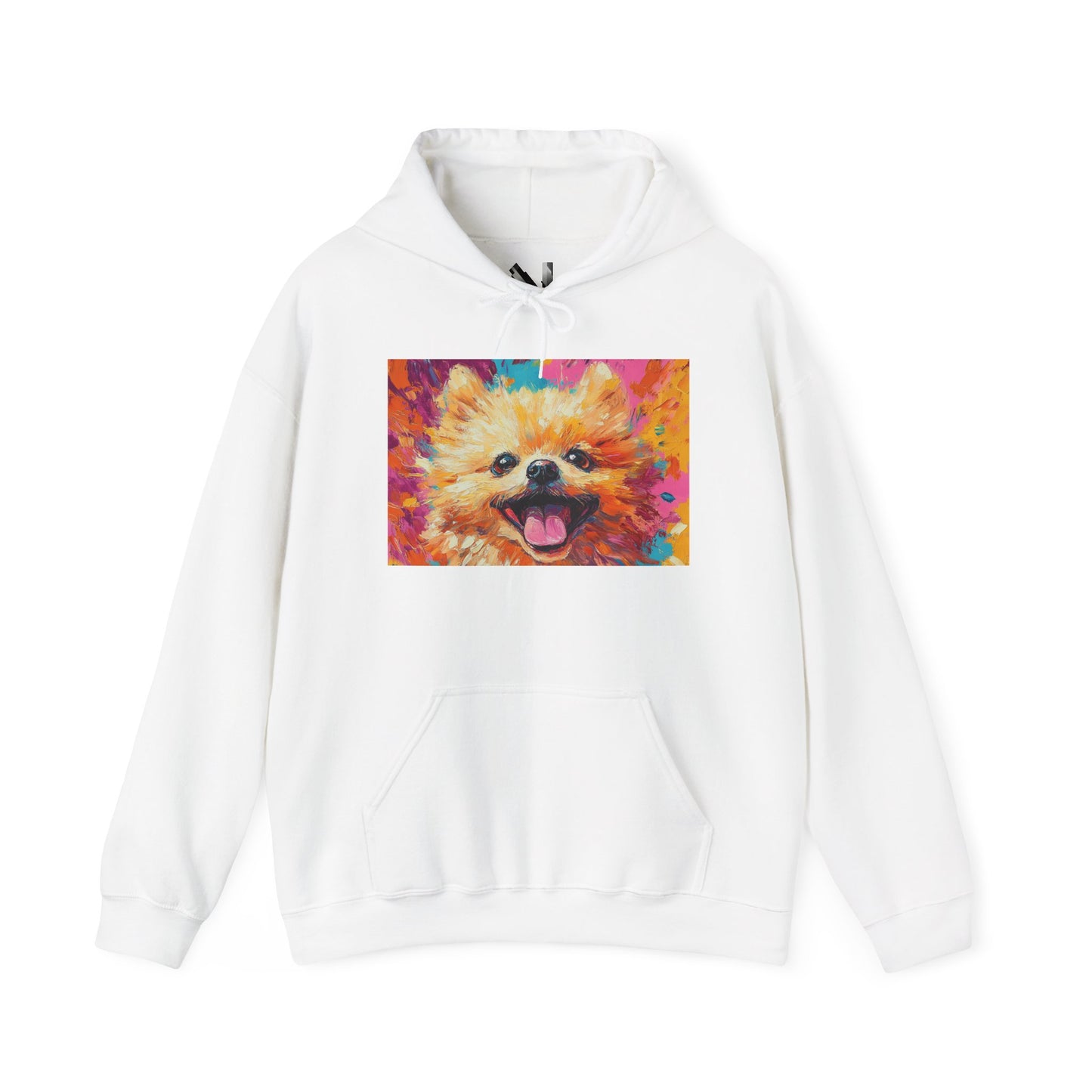 A White hoodie featuring a vivid acrylic-style artwork of a Pomeranian dog.
