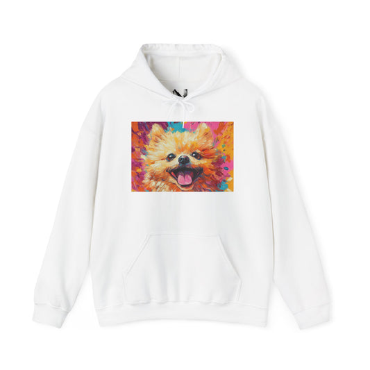 A White hoodie featuring a vivid acrylic-style artwork of a Pomeranian dog.
