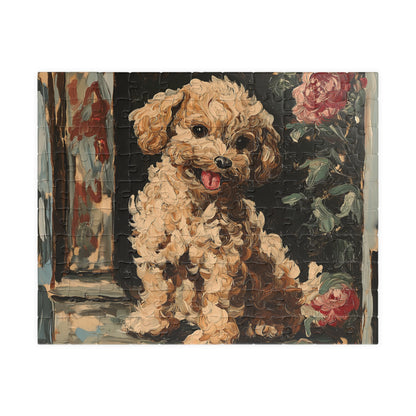 A 110-piece jigsaw puzzle featuring an adorable, fluffy poodle painted in an expressive, brushstroke-rich art style.