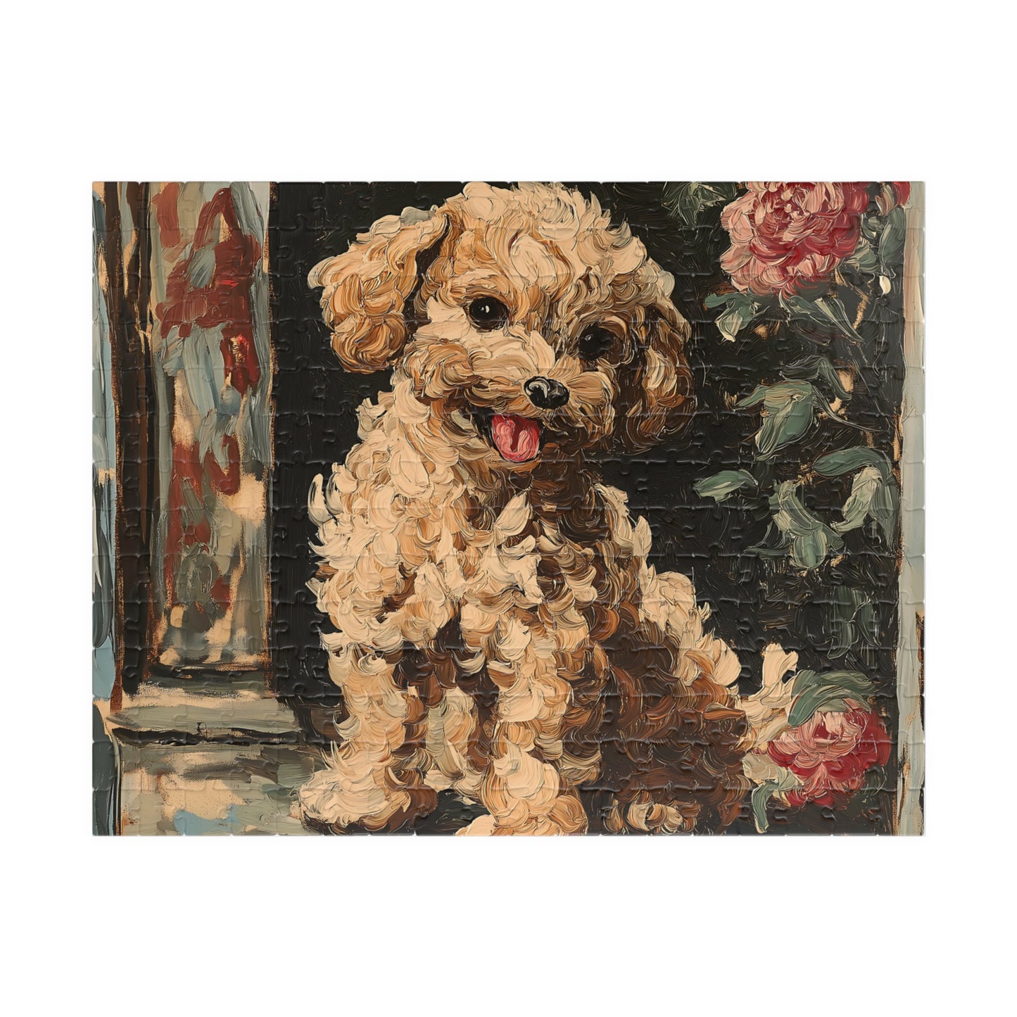 A 252-piece jigsaw puzzle featuring an adorable, fluffy poodle painted in an expressive, brushstroke-rich art style.