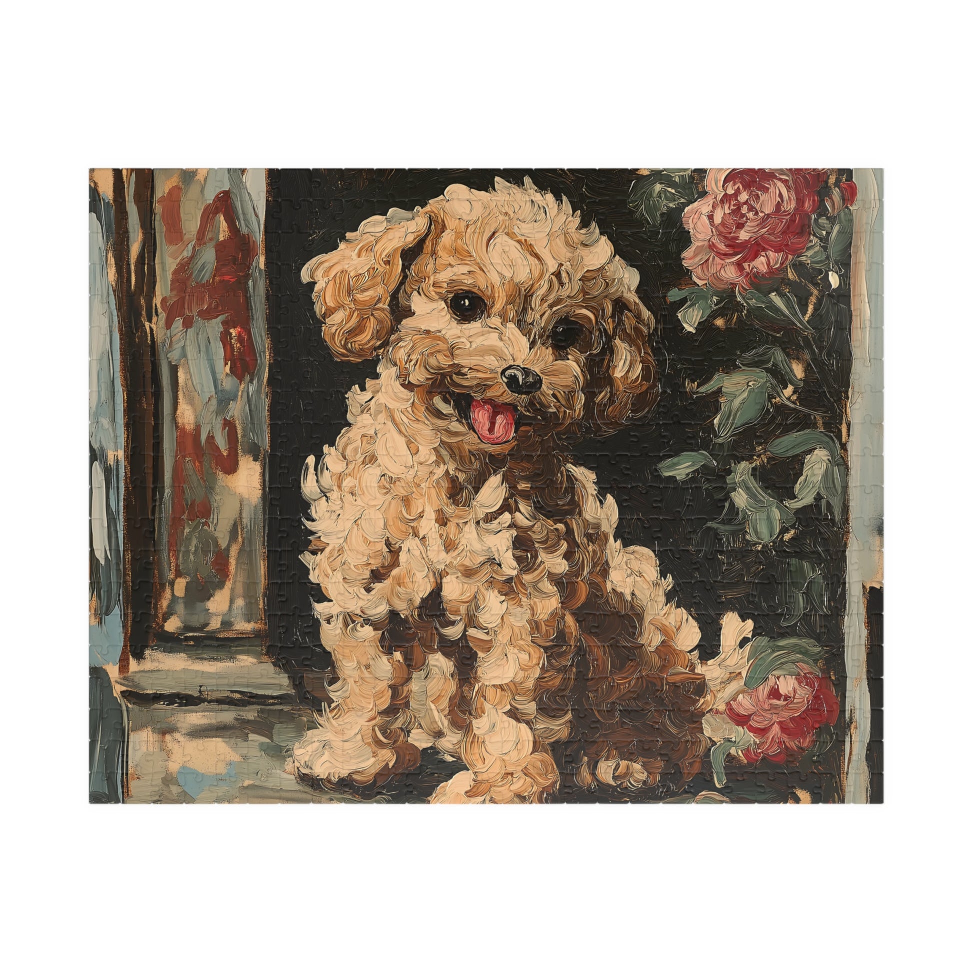 A 520-piece jigsaw puzzle featuring an adorable, fluffy poodle painted in an expressive, brushstroke-rich art style.