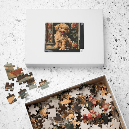 A jigsaw puzzle and its box featuring an adorable, fluffy poodle painted in an expressive, brushstroke-rich art style.