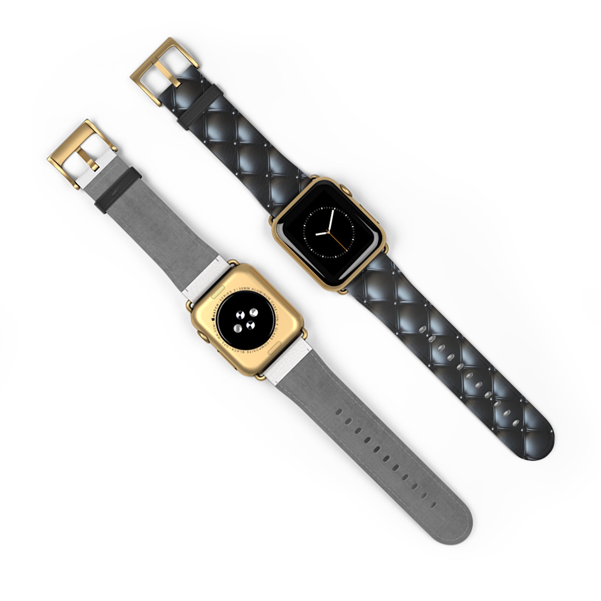 The front and back sides of an Apple Watch band in gold matte, featuring a beautiful quilted leather-like texture, a square pattern, and delicate button-like details.