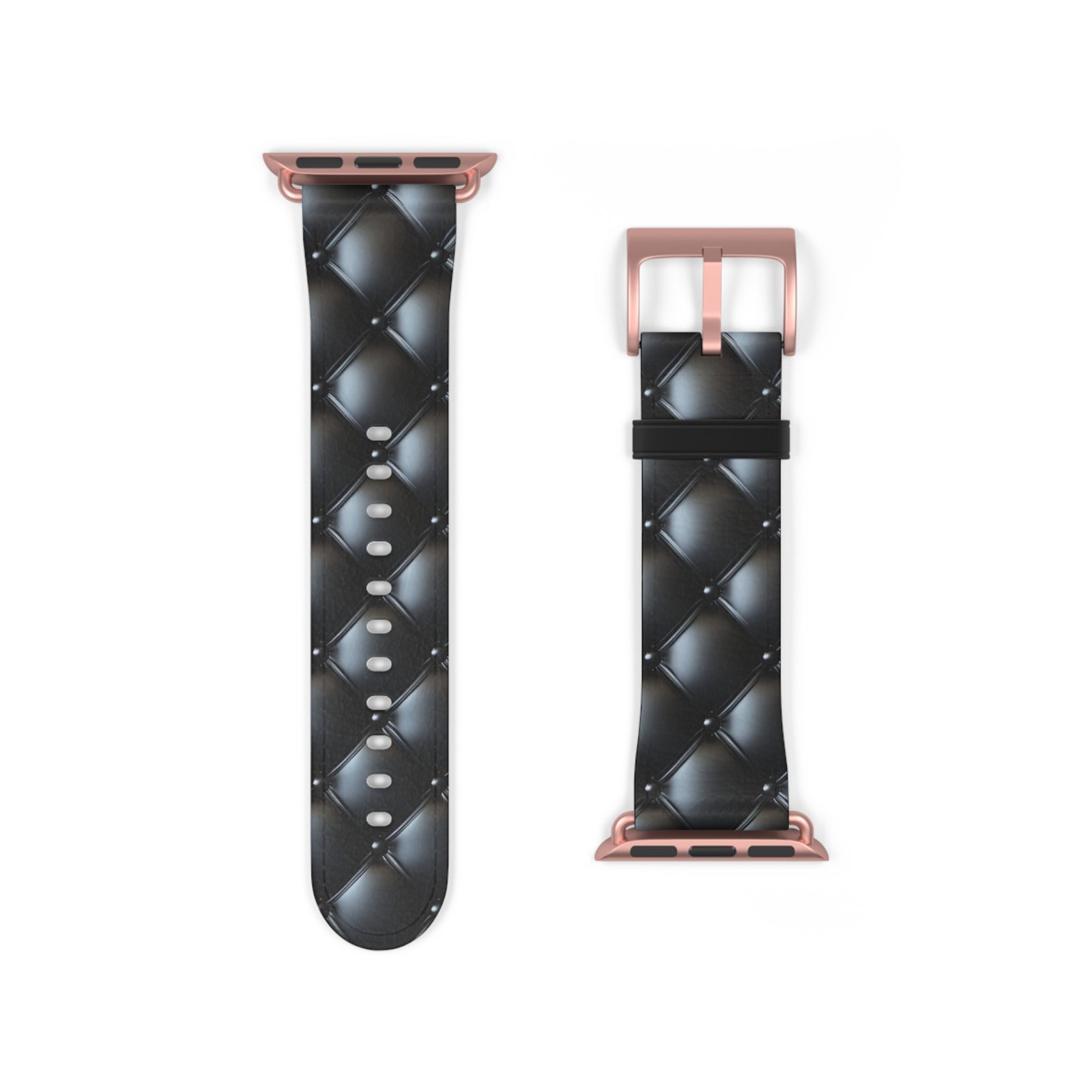 Apple Watch band only in rose gold matte, featuring a beautiful quilted leather-like texture, a square pattern, and delicate button-like details.