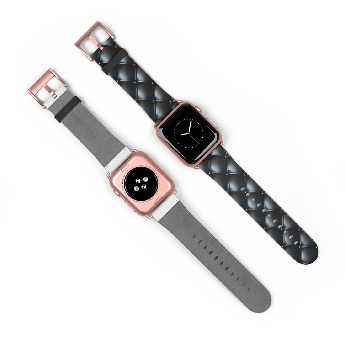 The front and back sides of an Apple Watch band in rose gold matte, featuring a beautiful quilted leather-like texture, a square pattern, and delicate button-like details.