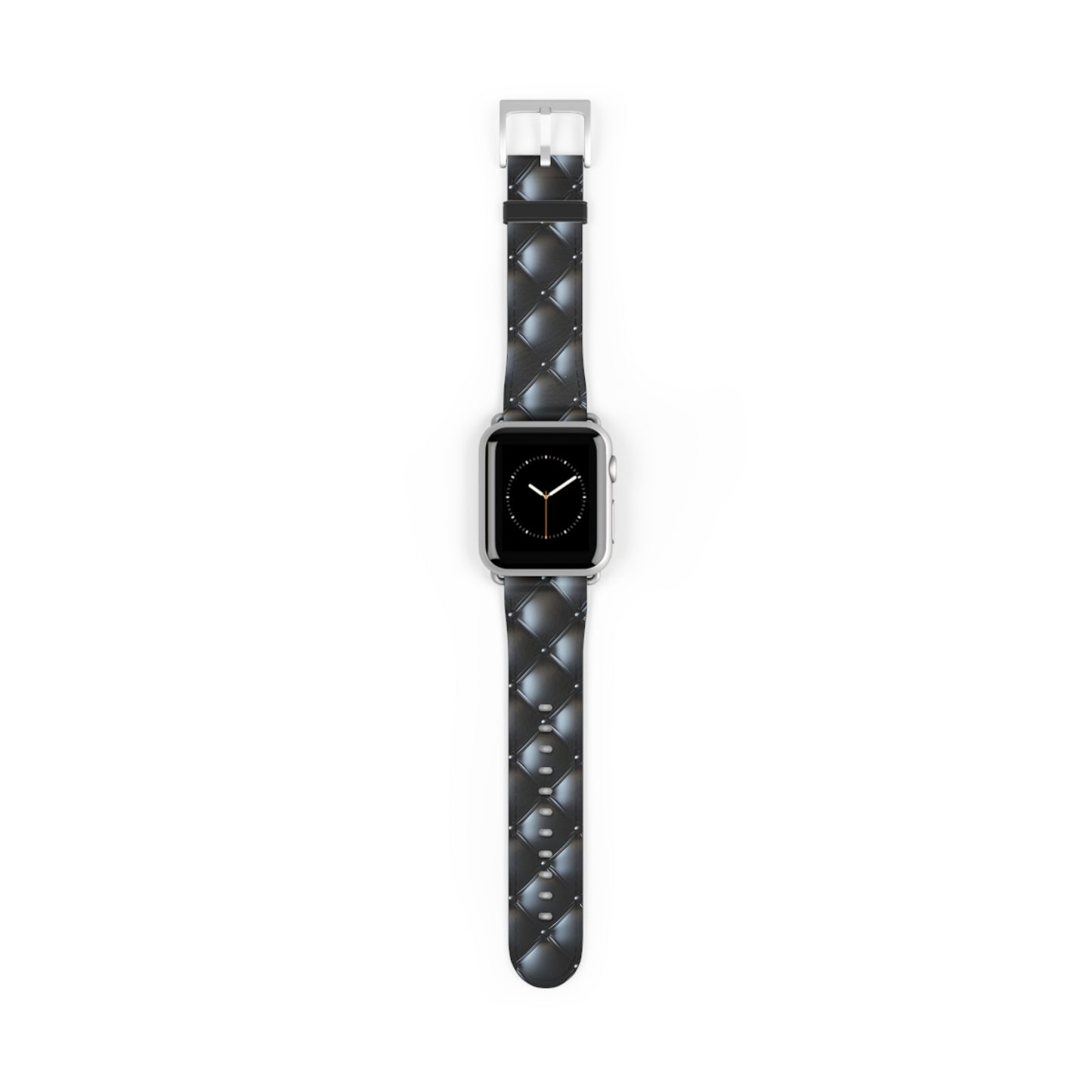 An Apple Watch band in silver matte featuring a beautiful quilted leather-like texture, a square pattern, and delicate button-like details.