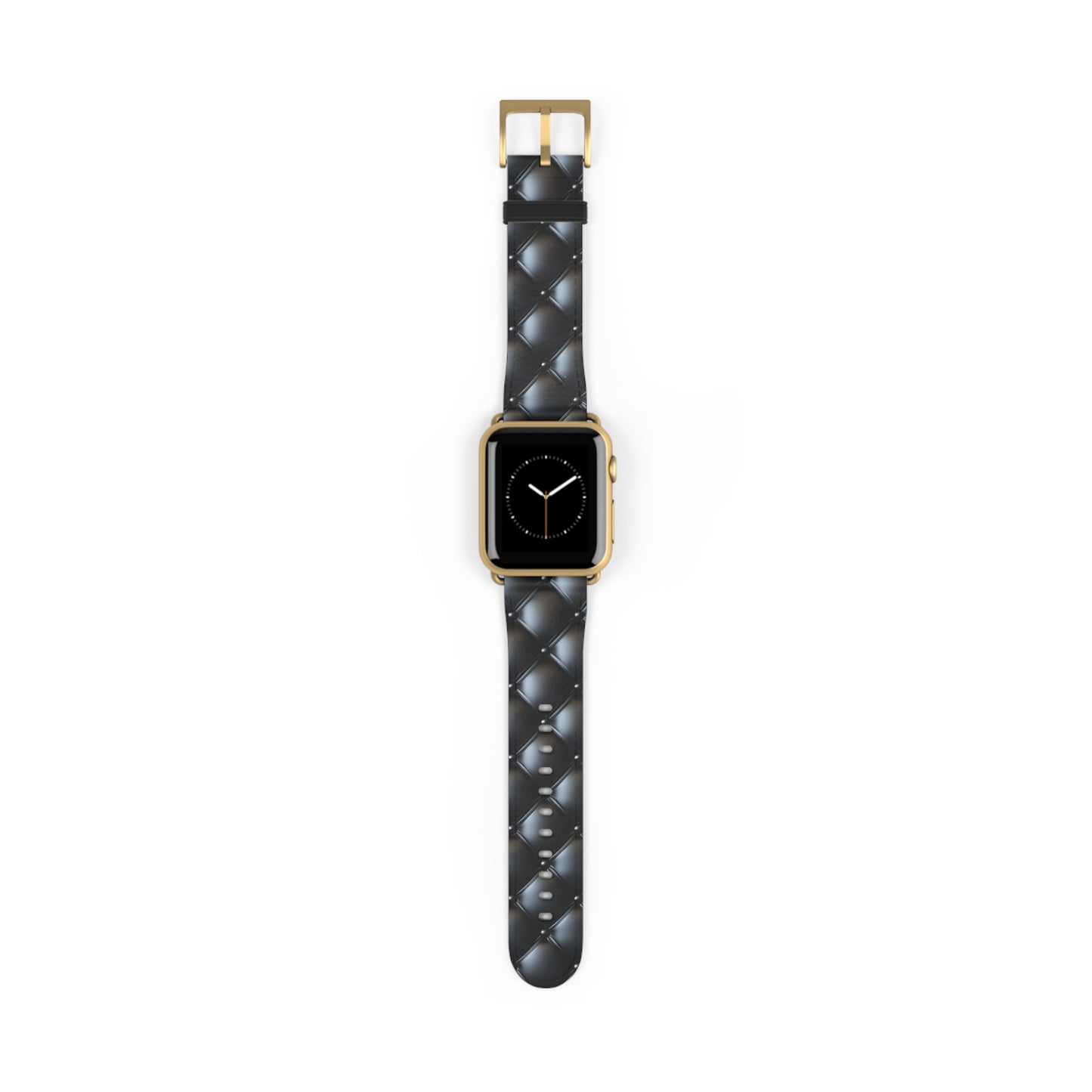 An Apple Watch band in gold matte featuring a beautiful quilted leather-like texture, a square pattern, and delicate button-like details.