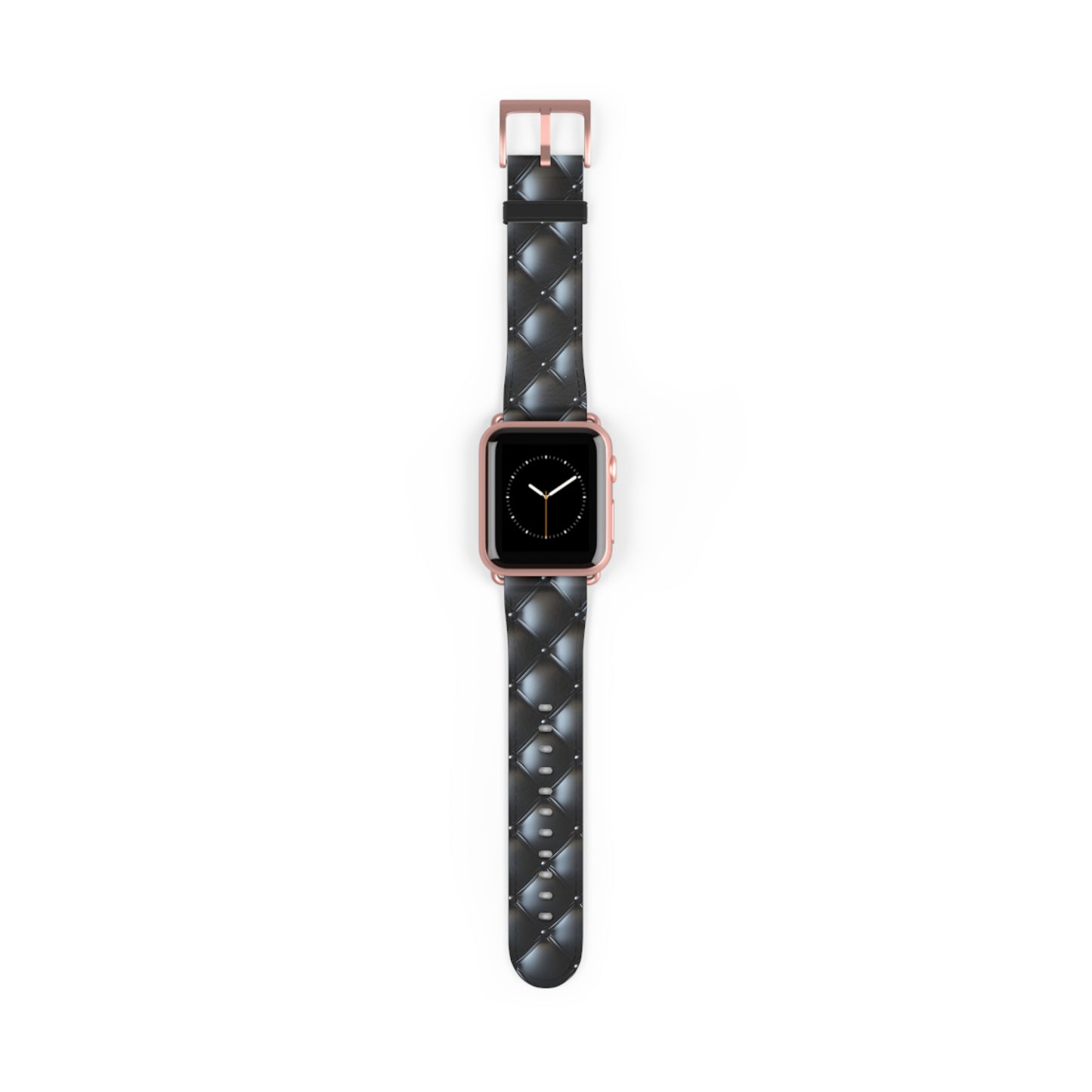 An Apple Watch band in rose gold matte featuring a beautiful quilted leather-like texture, a square pattern, and delicate button-like details.