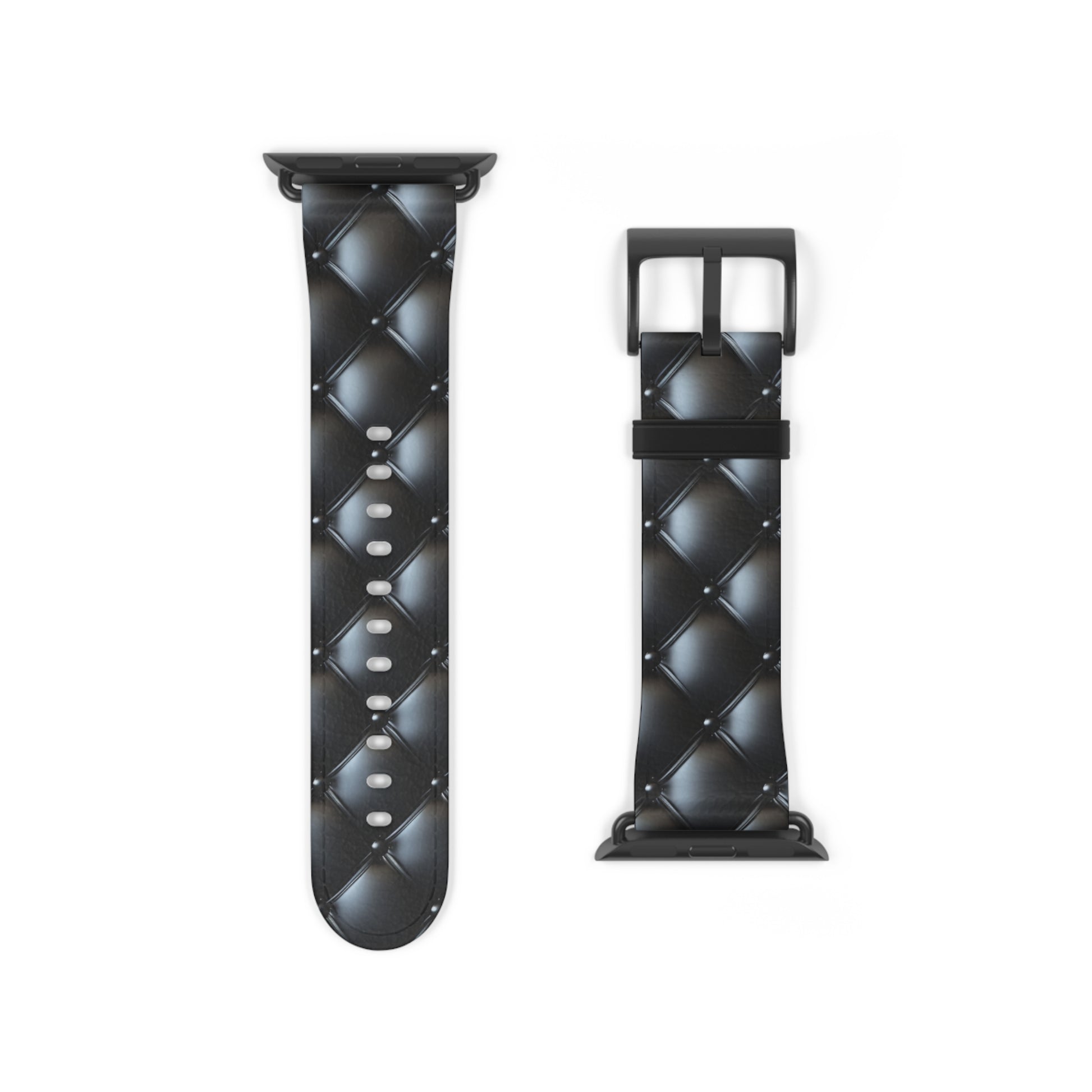 Apple Watch band only in black matte, featuring a beautiful quilted leather-like texture, a square pattern, and delicate button-like details.