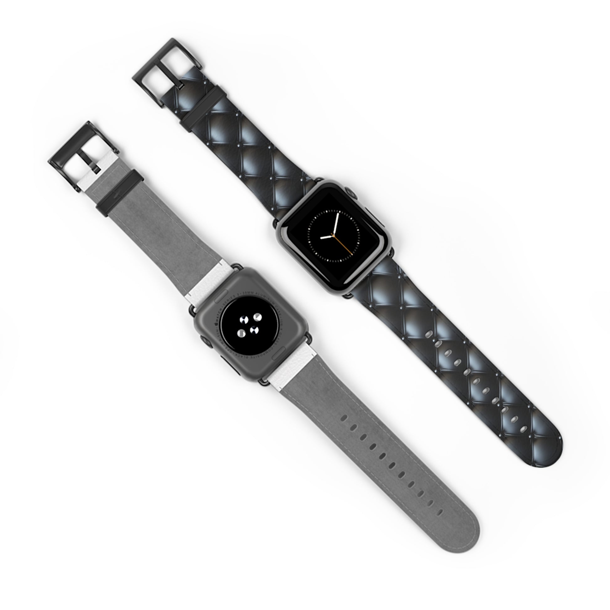 The front and back sides of an Apple Watch band in black matte, featuring a beautiful quilted leather-like texture, a square pattern, and delicate button-like details.