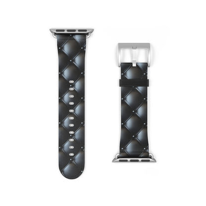 Apple Watch band only in silver matte, featuring a beautiful quilted leather-like texture, a square pattern, and delicate button-like details.