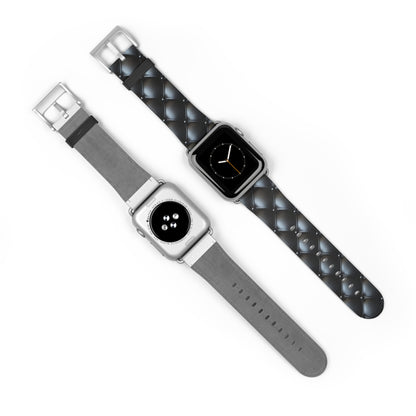 The front and back sides of an Apple Watch band in silver matte, featuring a beautiful quilted leather-like texture, a square pattern, and delicate button-like details.