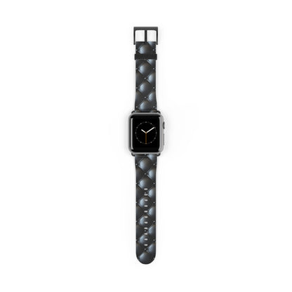 An Apple Watch band in black matte featuring a beautiful quilted leather-like texture, a square pattern, and delicate button-like details.