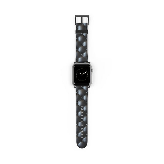 An Apple Watch band in black matte featuring a beautiful quilted leather-like texture, a square pattern, and delicate button-like details.