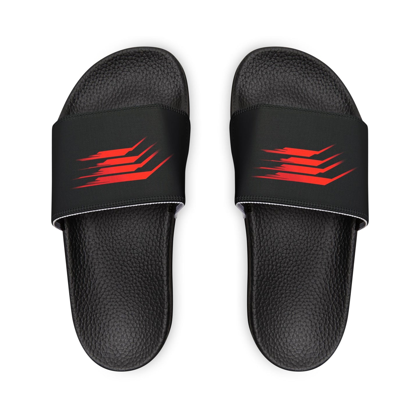 These sandals feature a bold red and black graphic design.