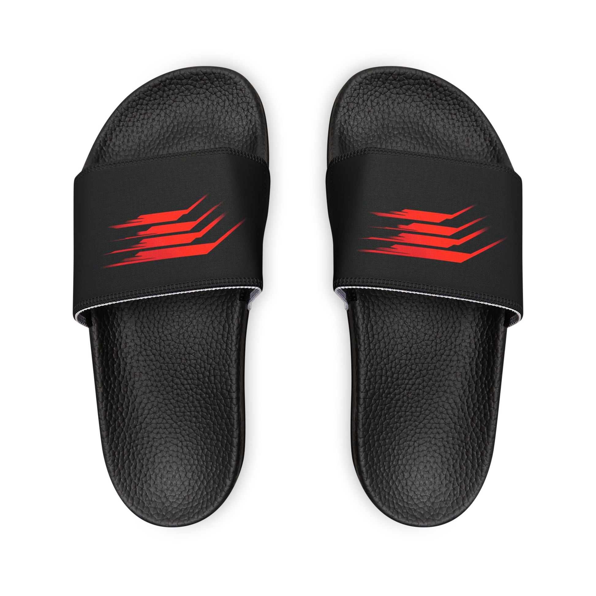 These sandals feature a bold red and black graphic design.