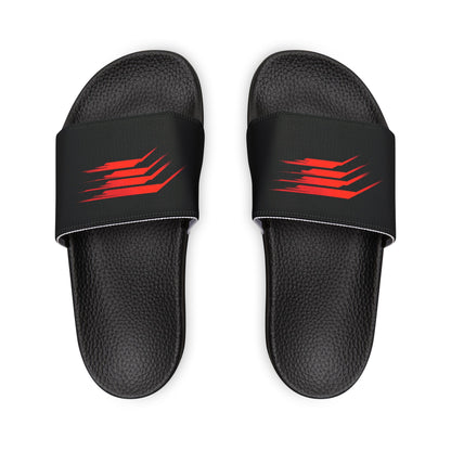 These sandals feature a bold red and black graphic design.