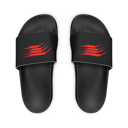 These sandals feature a bold red and black graphic design.