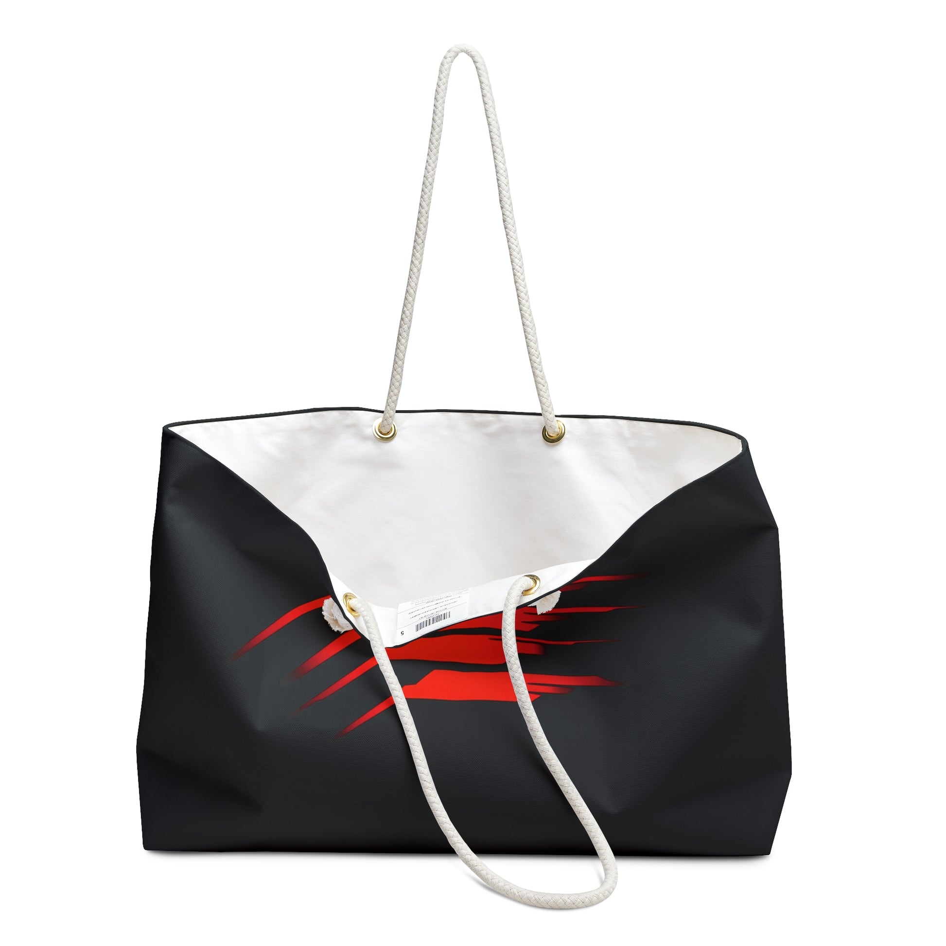 The front of a bag featuring a smooth black background with dynamic red streak graphics, with the handle hanging down towards the front.