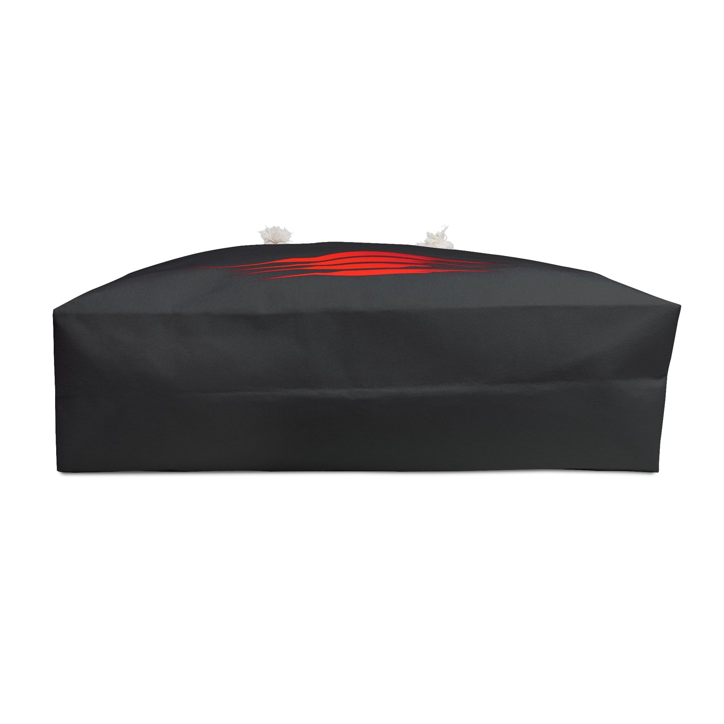 The bottom of the front side of a bag featuring a smooth black background with dynamic red streak graphics.