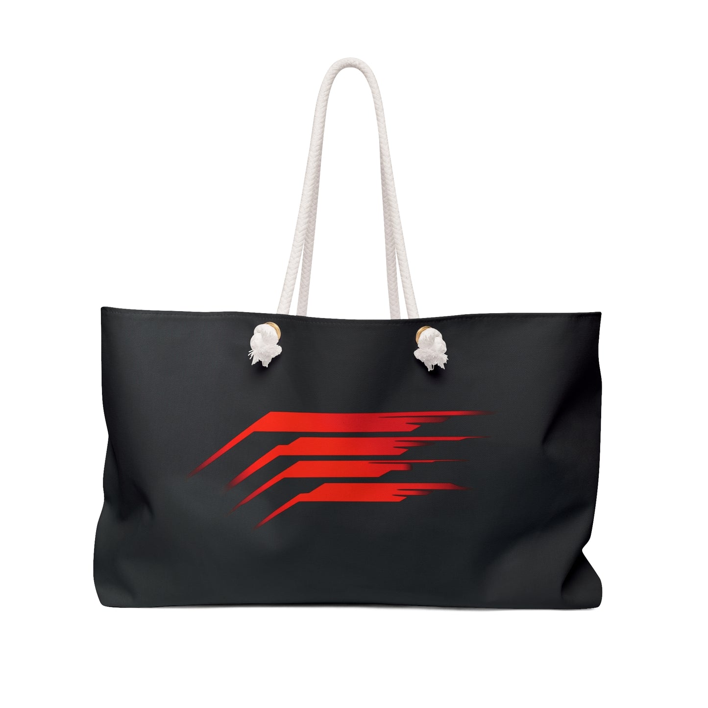 The front of a bag featuring a smooth black background with dynamic red streak graphics.