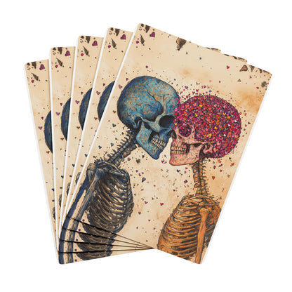 Five bright playing cards with a skeleton theme are stacked on top of each other.