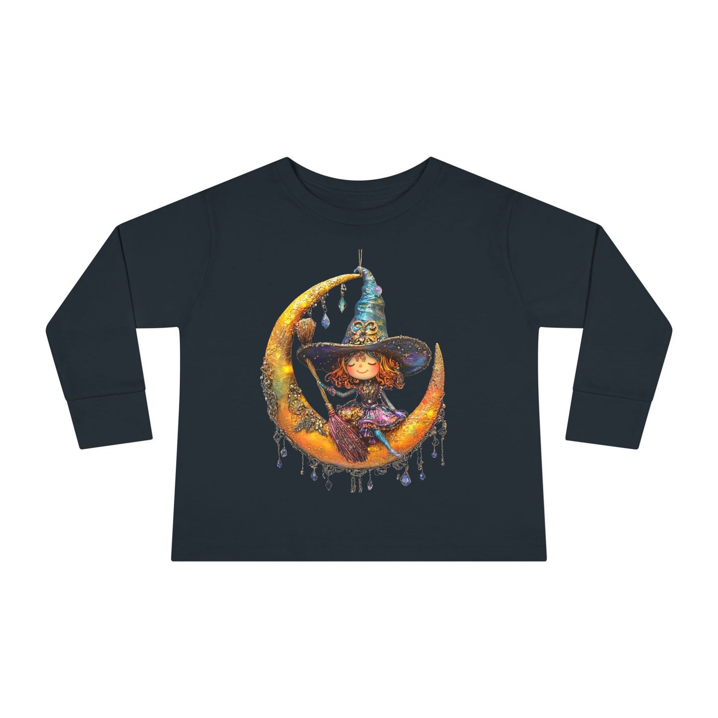 A Black long-sleeve T-shirt featuring a whimsical design of a small witch sitting on a large moon adorned with scattered crystals.