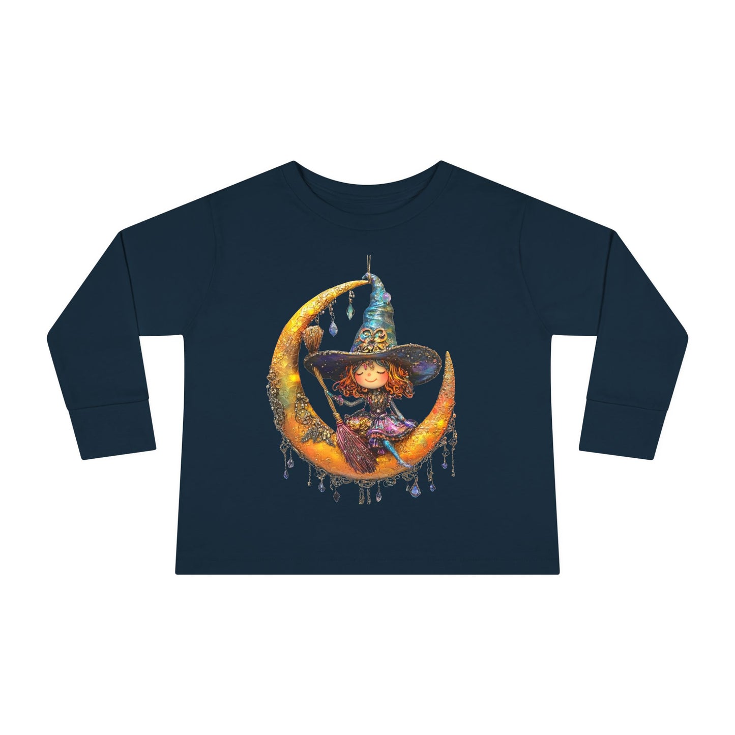 A Navy long-sleeve T-shirt featuring a whimsical design of a small witch sitting on a large moon adorned with scattered crystals.