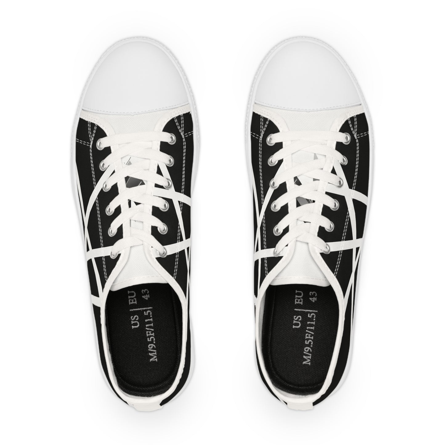 Angle from above a pair of sneakers with a bold black and white abstract geometric pattern.