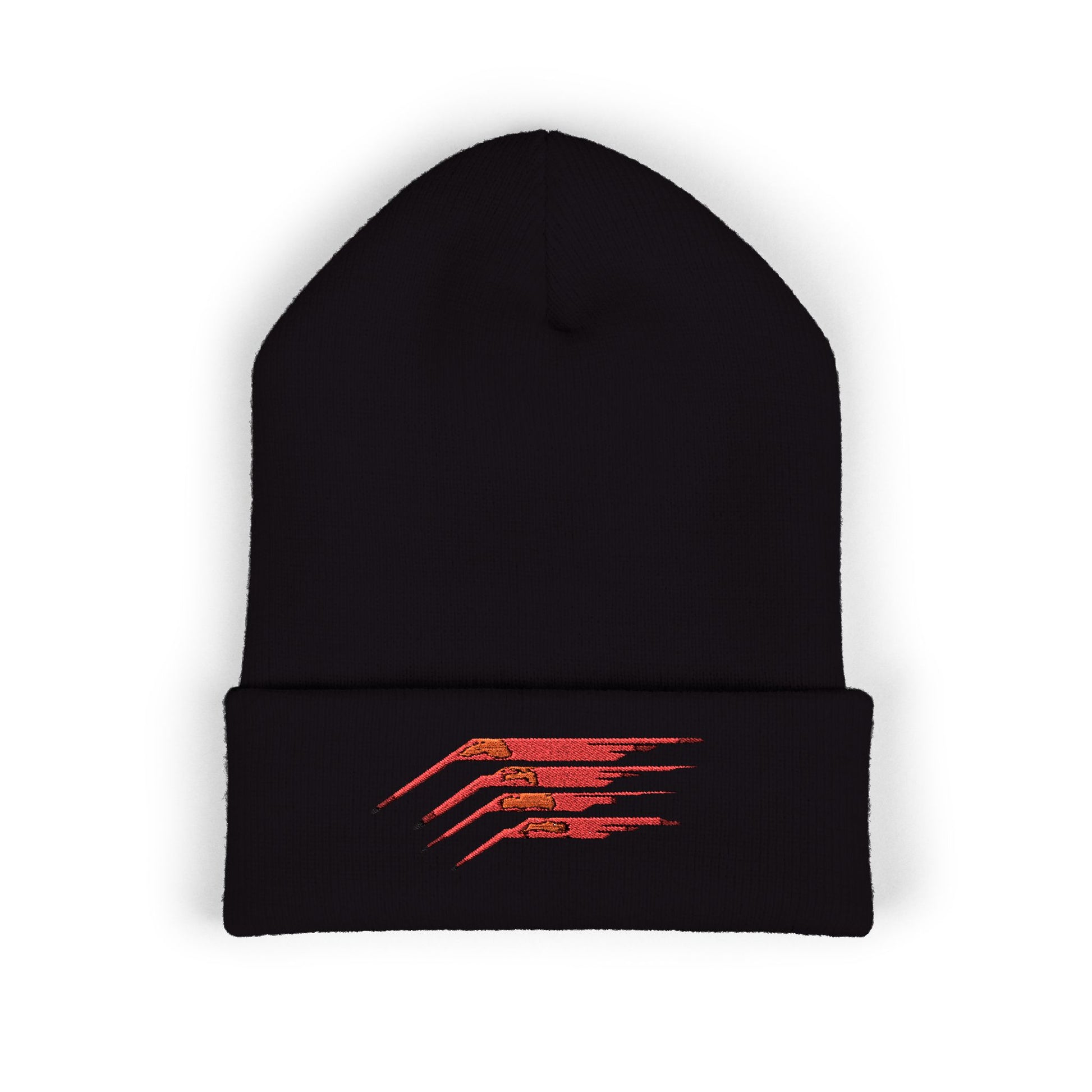 A black beanie featuring an energetic red speed line design on a sleek black base.