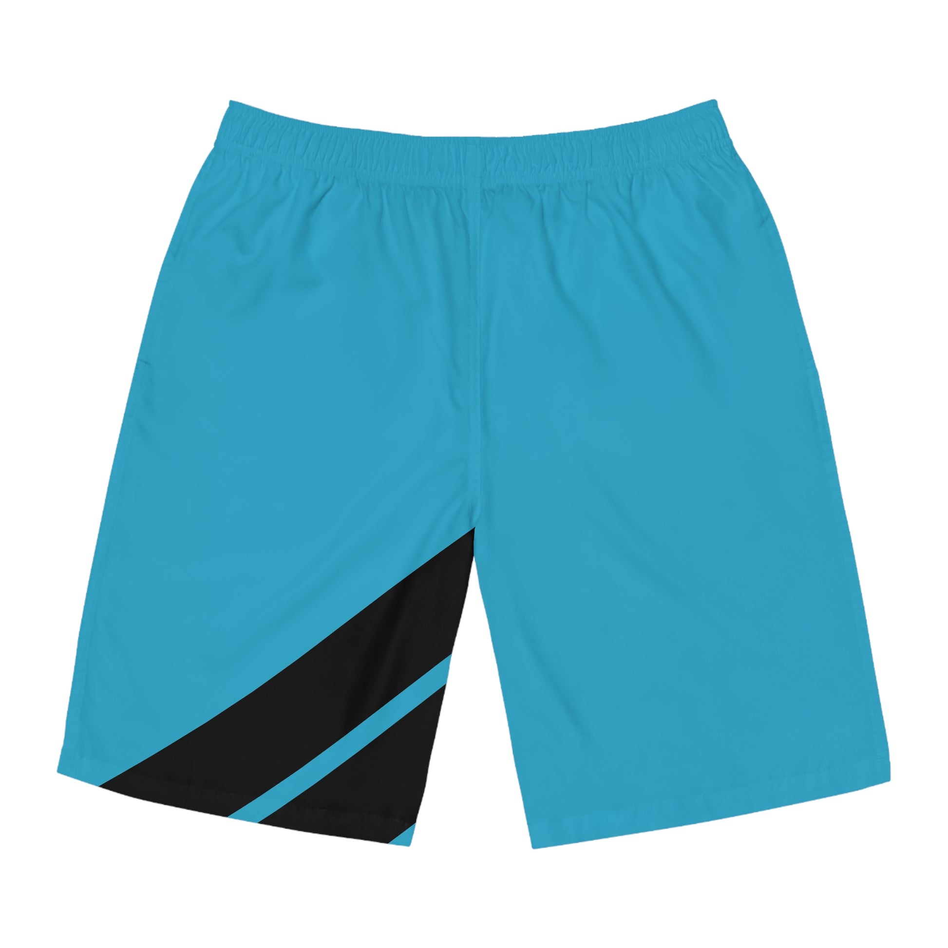 Men's swimwear in vibrant turquoise with bold black diagonal stripes.