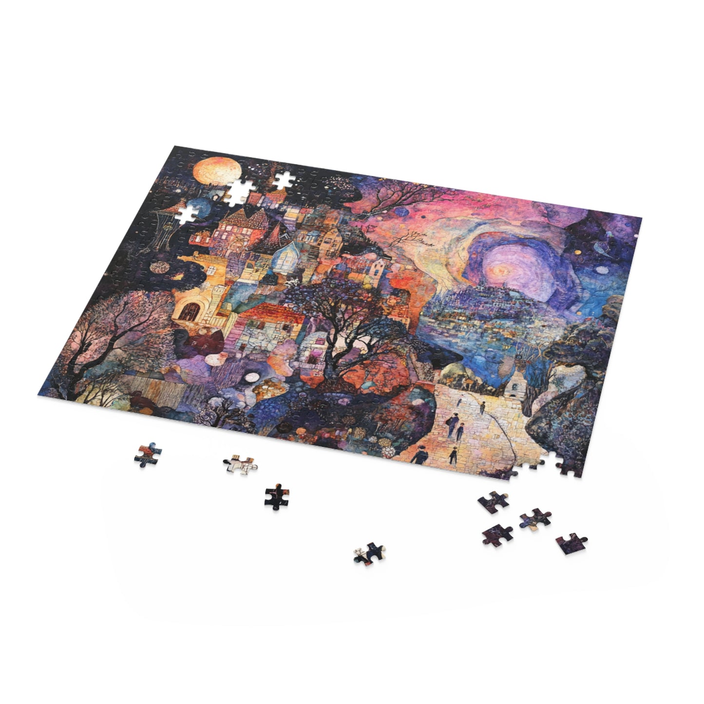 A tapestry puzzle with a unique fusion of a glamorous mystery in the style of Schiele and Klimt against a pastoral landscape background, almost complete.