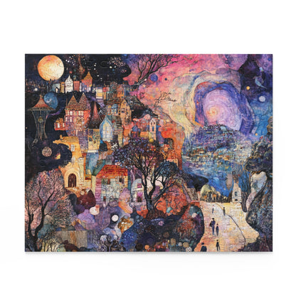 A completed tapestry puzzle with a unique fusion of a glamorous mystery in the style of Schiele and Klimt against a pastoral landscape background.
