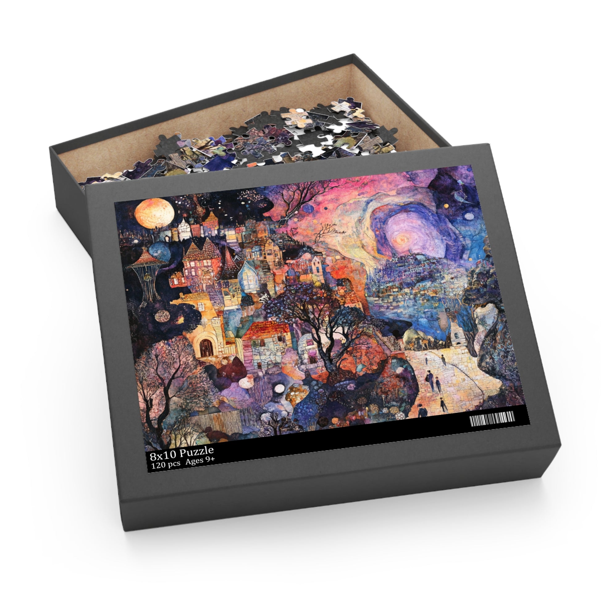 A tapestry puzzle with a unique fusion of a glamorous mystery in the style of Schiele and Klimt against a pastoral landscape background, neatly stored in a case.