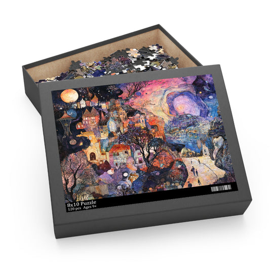 A tapestry puzzle with a unique fusion of a glamorous mystery in the style of Schiele and Klimt against a pastoral landscape background, neatly stored in a case.