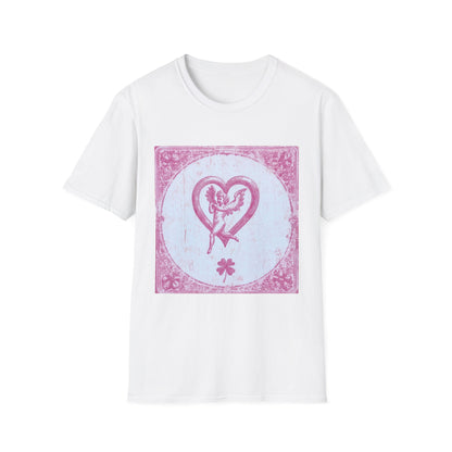 A White T-shirt featuring a vintage 1980s tarot card design with pink risograph and bold gothic typography.
