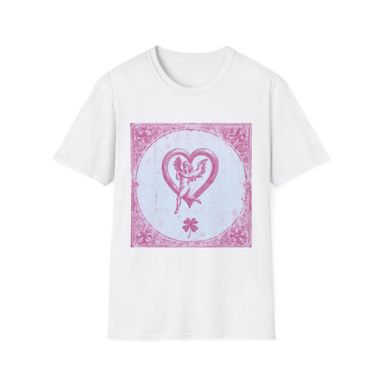 A White T-shirt featuring a vintage 1980s tarot card design with pink risograph and bold gothic typography.
