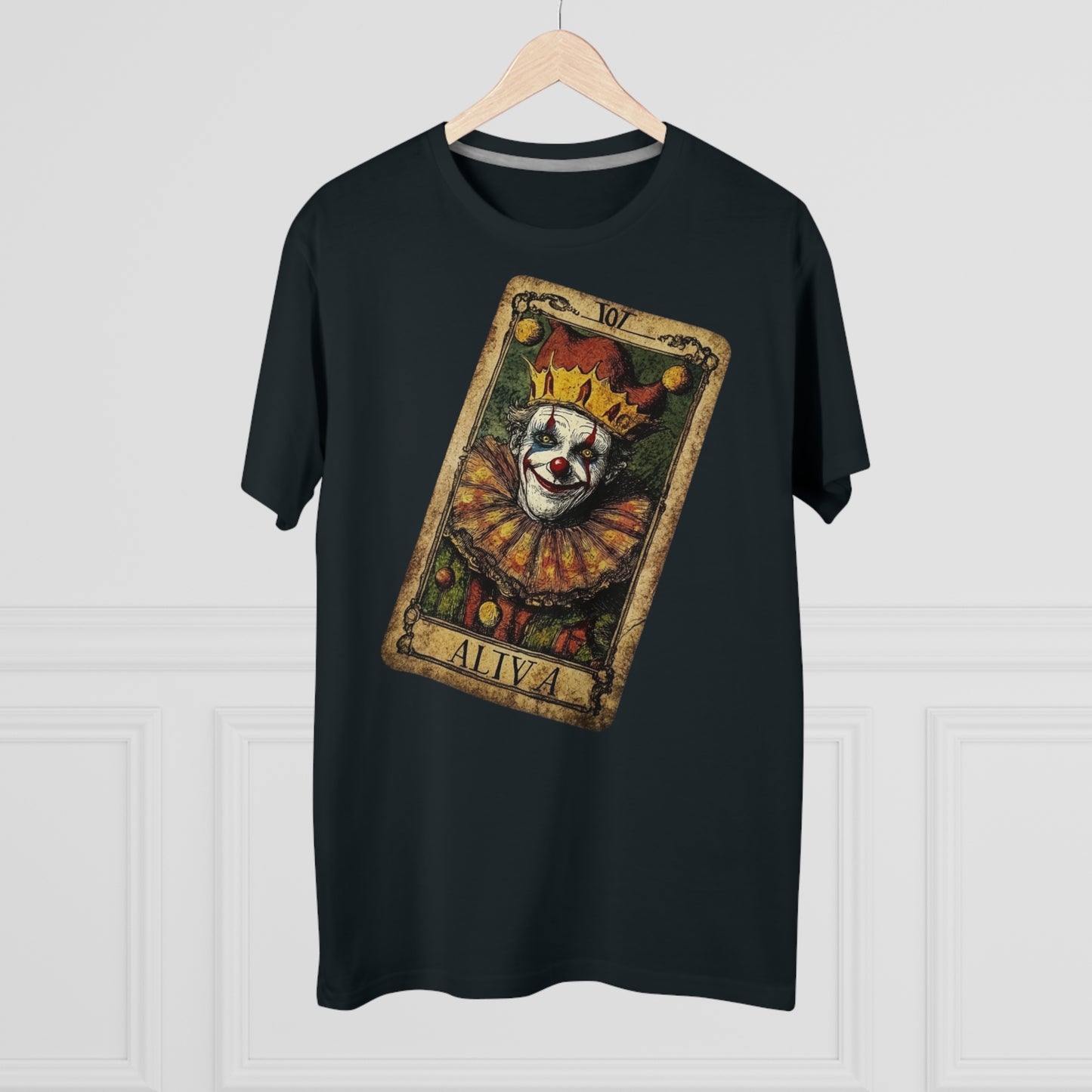 A Dark Black T-shirt with a unique Tarot card design featuring a clown against a dark grunge-style background, hung on a hanger facing forward.