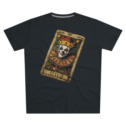 A Dark Black T-shirt featuring a unique Tarot card design with a clown set against a dark grunge-style background.