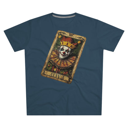 A Denim T-shirt featuring a unique Tarot card design with a clown set against a dark grunge-style background.