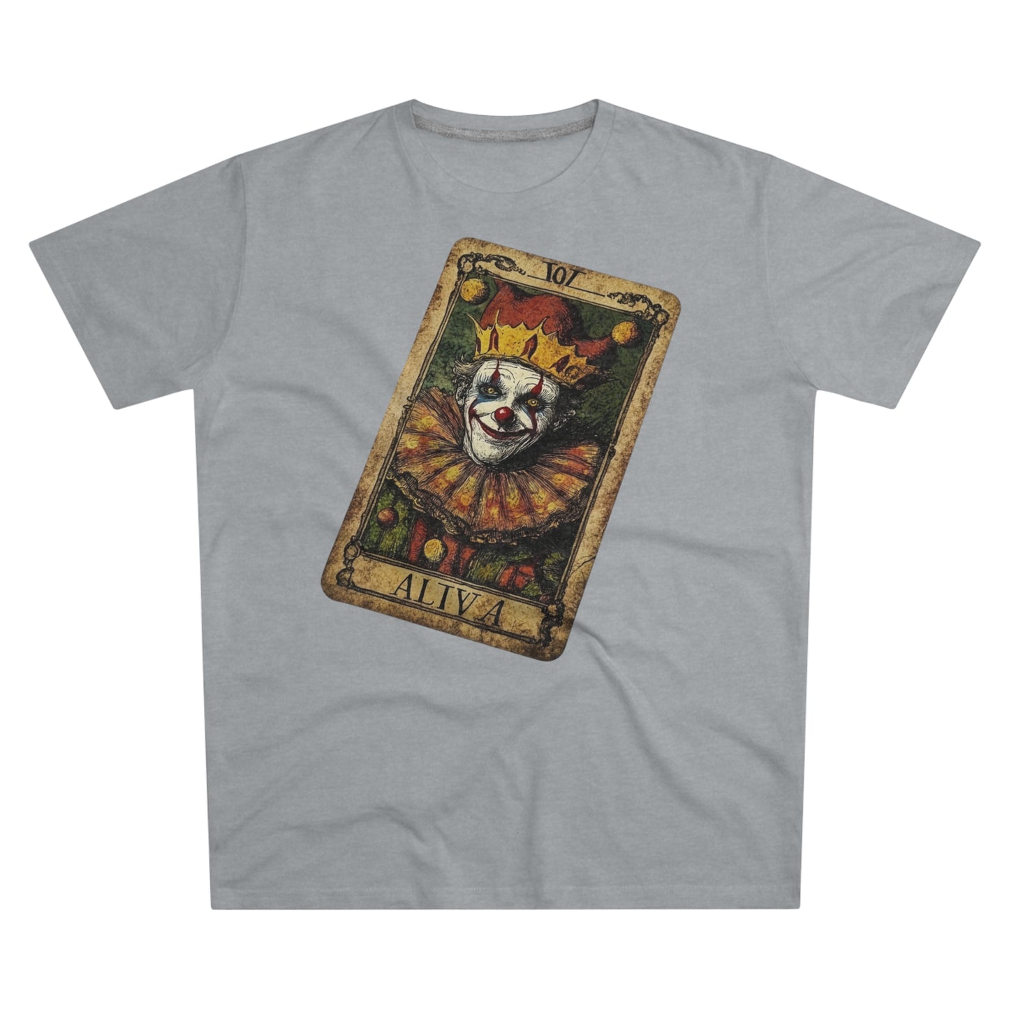 A Light Oxford T-shirt featuring a unique Tarot card design with a clown set against a dark grunge-style background.