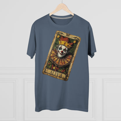 A Navy T-shirt with a unique Tarot card design featuring a clown against a dark grunge-style background, hung on a hanger facing forward.