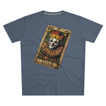 A Navy T-shirt featuring a unique Tarot card design with a clown set against a dark grunge-style background.