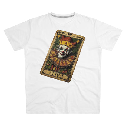 A White T-shirt featuring a unique Tarot card design with a clown set against a dark grunge-style background.