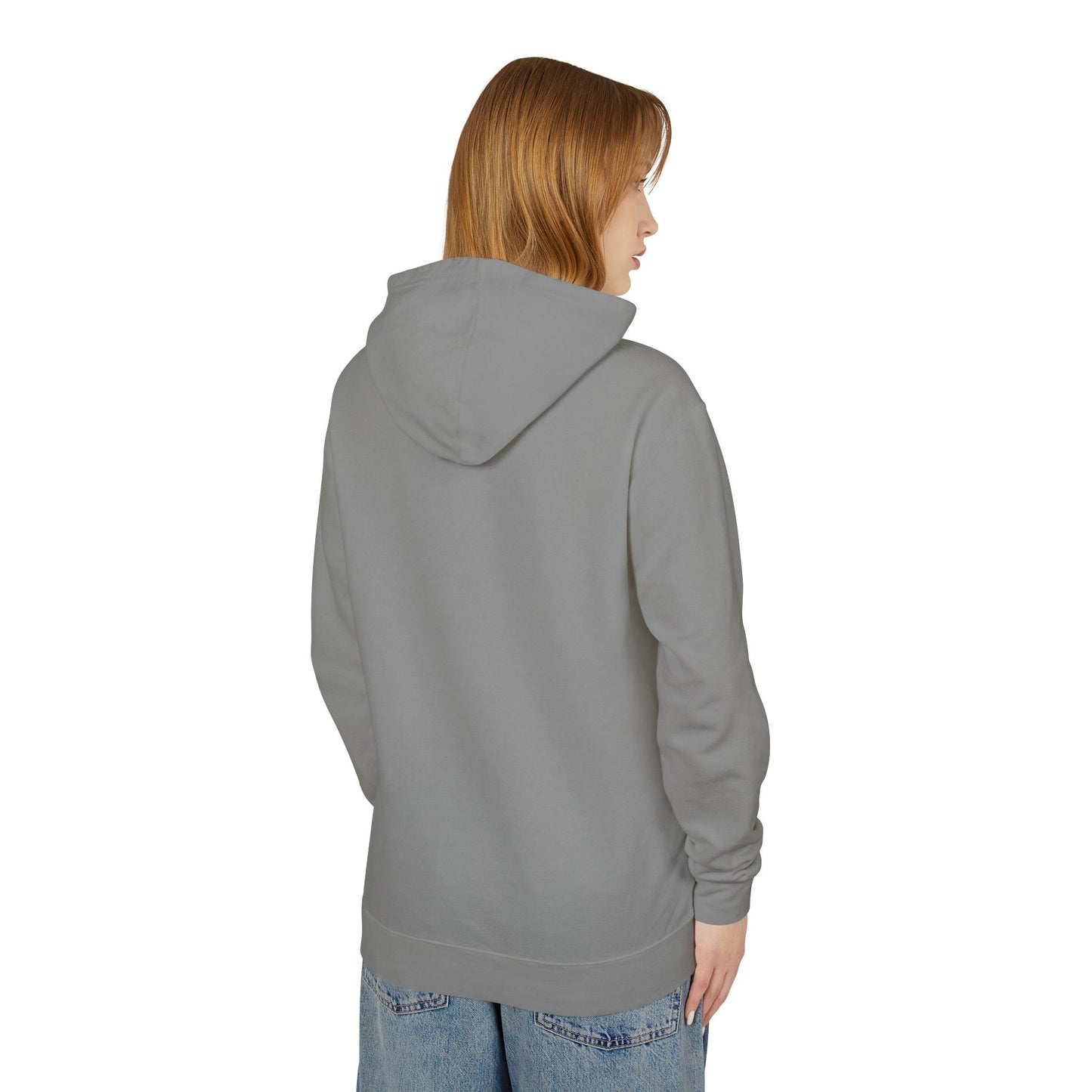 The back view of a woman wearing a grey hoodie.