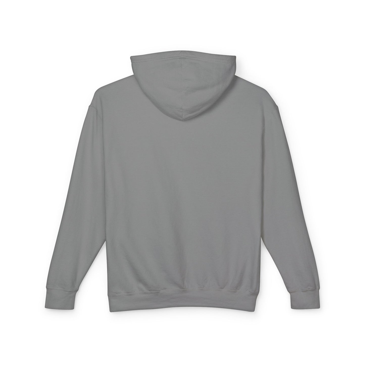 The back side of a grey hoodie.