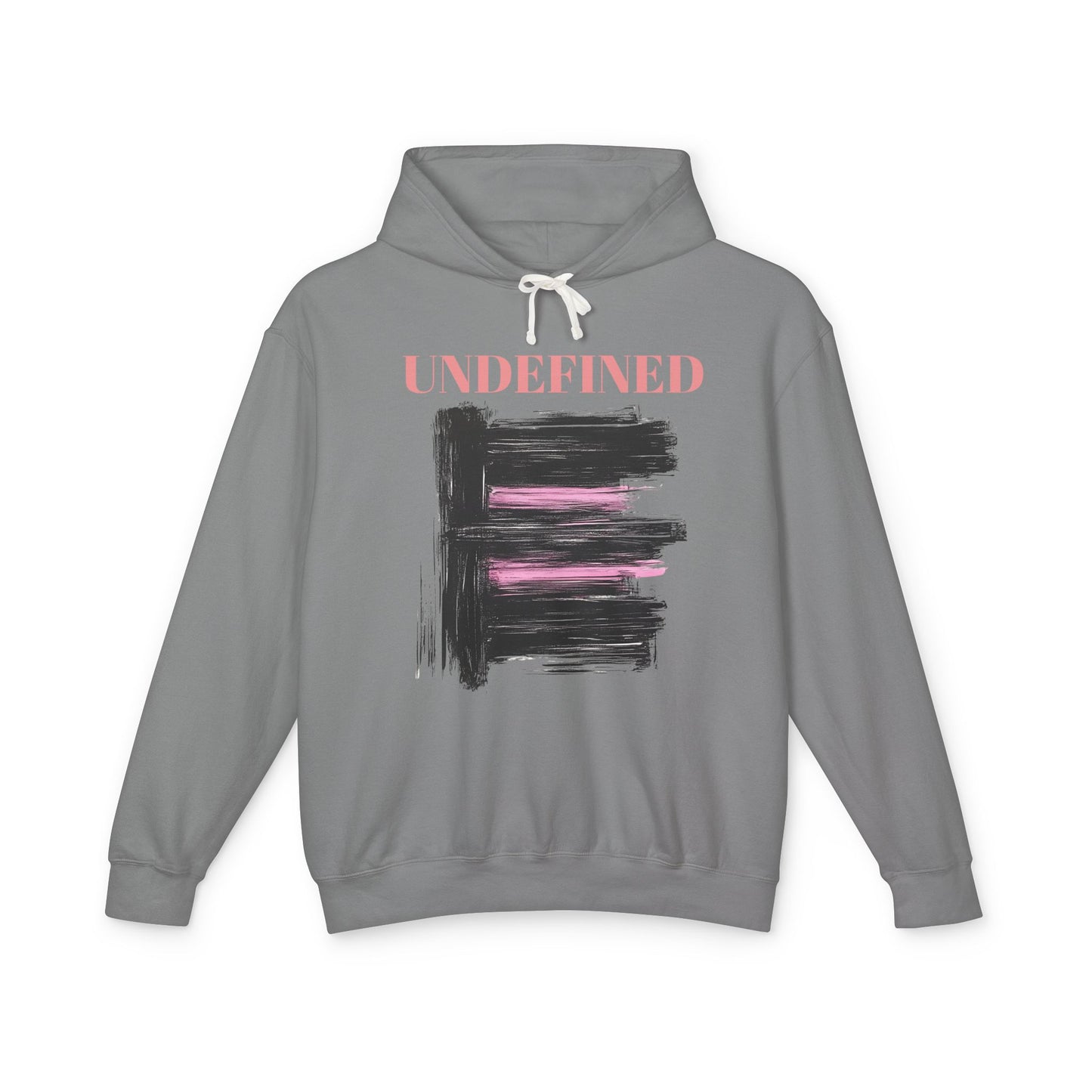 A grey hoodie featuring bold black brushstrokes with subtle pink accents, enhancing its modern and artistic vibe.