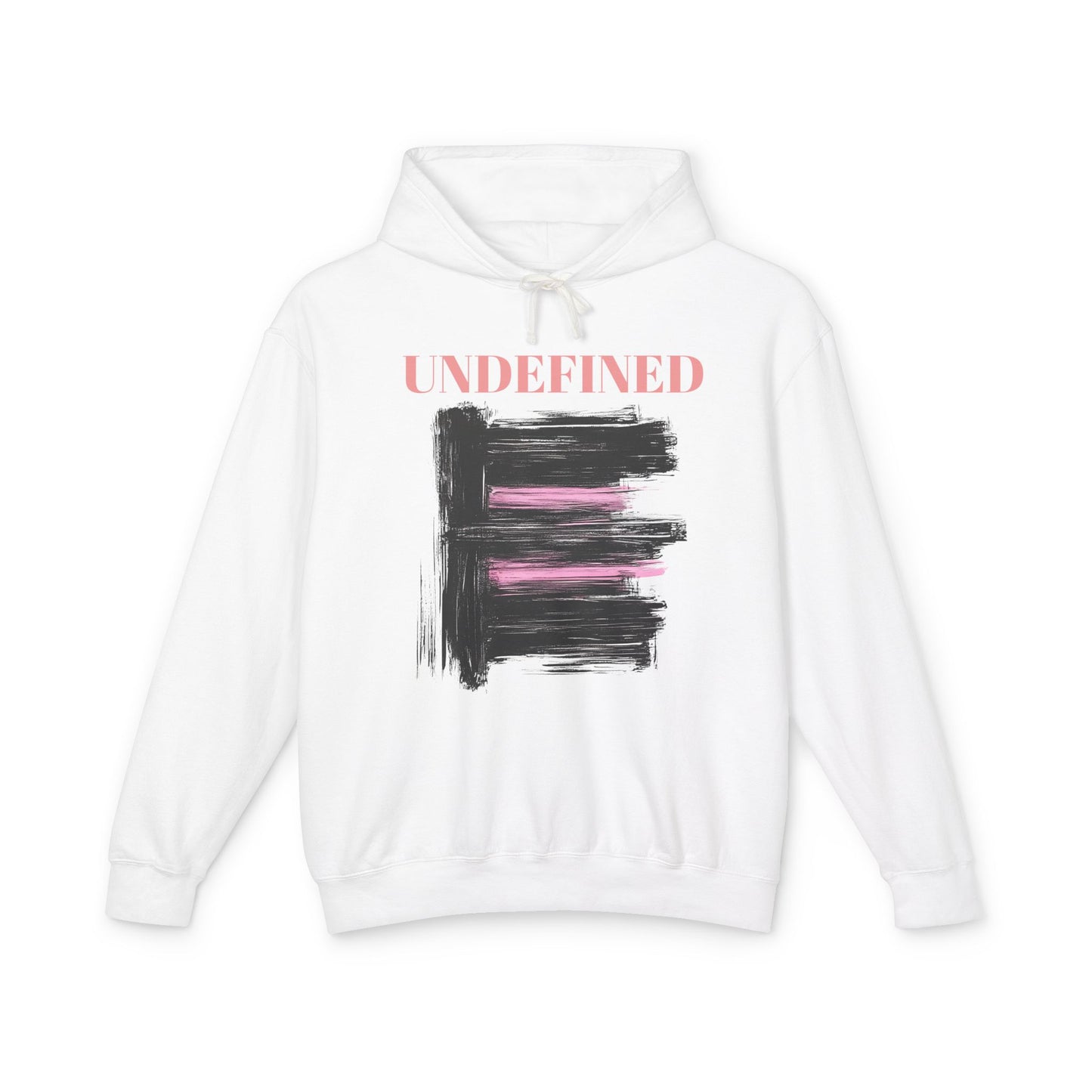 A white hoodie featuring bold black brushstrokes with subtle pink accents, enhancing its modern and artistic vibe.